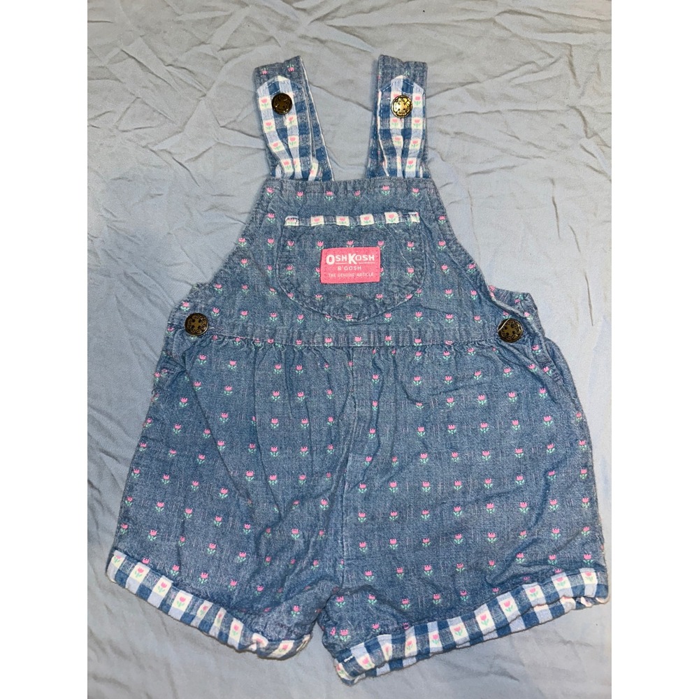 Vintage 80s OshKosh Bgosh Girls 2T Blue Floral‎ Denim Shortalls Gingham Toddler